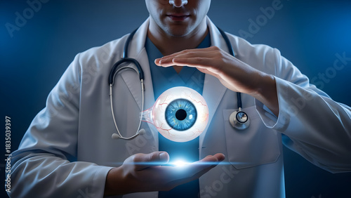 Expert ophthalmologist demonstrates cutting edge eye care technology for improved vision, featuring detailed anatomical model and modern treatment options