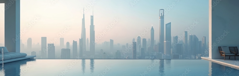 Fototapeta premium Infinity pool reflects modern city skyline with skyscrapers. This abstract urban landscape portrays city development and architectural design. Futuristic buildings rise over hazy metropolis.