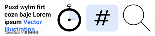 Stopwatch, metadata tag on blue square, magnifying glass. Ideal for analytics, search, time tracking, social media, branding, data simple landing page
