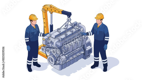 Isometric illustration of two faceless mechanics inspecting a large industrial engine suspended by a hydraulic engine hoist