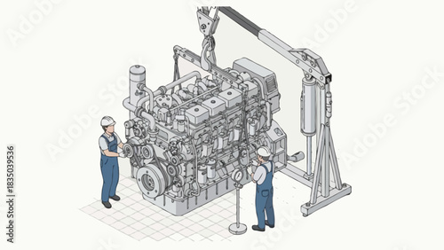 Isometric illustration of two faceless mechanics inspecting a large industrial engine suspended by a hydraulic engine hoist