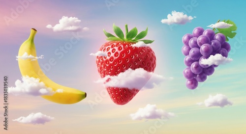 Fototapeta Naklejka Na Ścianę i Meble -  A whimsical scene of floating fruits amidst fluffy clouds against a pastel colored sky background
