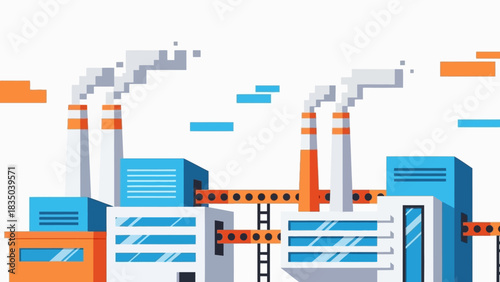 Illustration of an industrial factory with smoke stacks, production and manufacturing