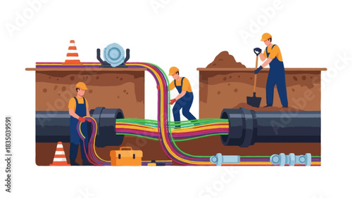 Flat vector illustration of three utility technicians working on large multicolored underground cables inside a dug-out pit