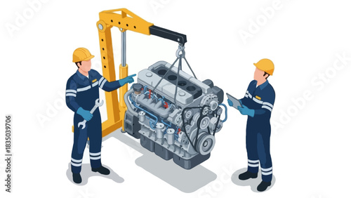 Isometric illustration of two faceless mechanics inspecting a large industrial engine suspended by a hydraulic engine hoist