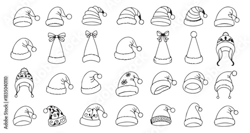 Massive Christmas and Santa Hat Outline Vector Set for Coloring Book Design