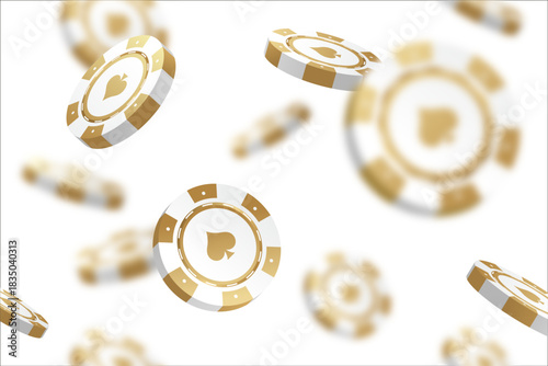 White gold casino chips falling seamless background isolated on white in different positions. Poker endless texture with falling golden defocused blur elements, vector 10 eps.	