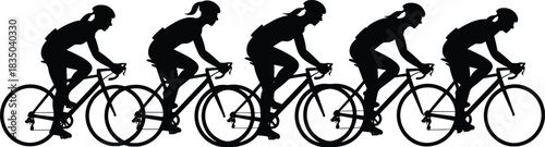 Five female cyclist silhouettes riding racing road bikes vector illustration, representing exercise, endurance, fitness, and health for sports advertising and competitive cycling events.
