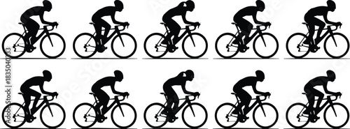 Large group of cyclists riding racing road bikes vector silhouettes for sports events, fitness advertising, professional racing, endurance training, and athletic apparel design.