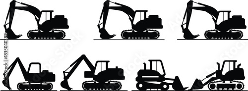 Vector silhouettes of construction site excavators and a large wheeled loader, representing earthmoving, civil engineering, and heavy industrial machinery for graphic design projects.