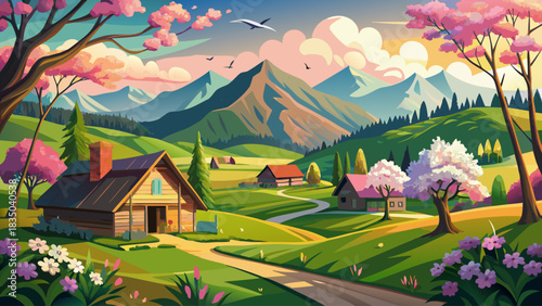 Very beautiful springtime scenery of Cades Cove with lush green fields, rustic historic cabins, distant Smoky Mountain peaks, and soft sunlight creating a peaceful valley framed by nature’s vivid seas