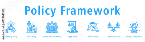 Policy Framework banner covering monetary and fiscal dynamics, governance principles, legal aspects, trends, stability, and competition.
