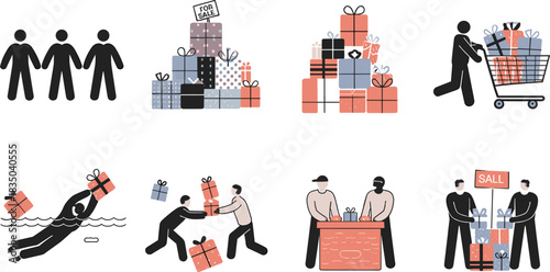 Stylized commerce and gift-giving vector illustration set, featuring people shopping, exchanging presents, and dealing with large sale discounts for marketing and holiday design.