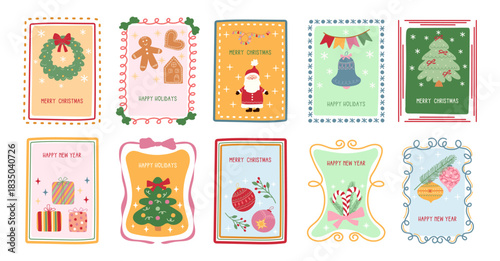 A set of festive Christmas and New Year greeting cards. Hand-drawn holiday wishes.