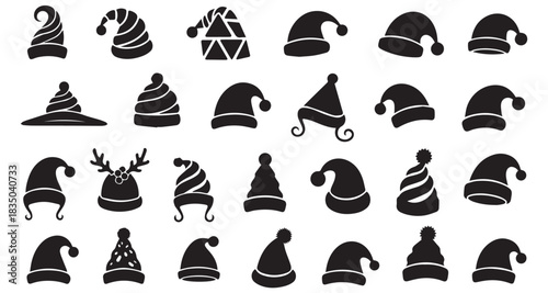 Variety of Santa Hat and Festive Christmas Caps Icon Silhouette Set