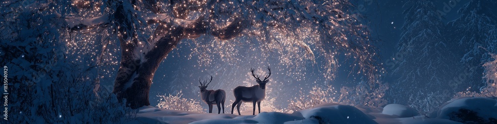Obraz premium Reindeer standing in snowy forest with magical Christmas lights. Reindeer standing in deep snow, illuminated by magical Christmas lights in a winter forest