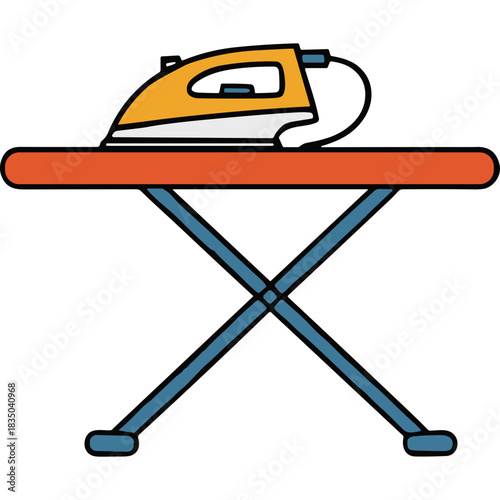 Orange And Yellow Electric Steam Iron Resting On A Foldable Ironing Board With Blue Legs And A Red Surface On A Black Background