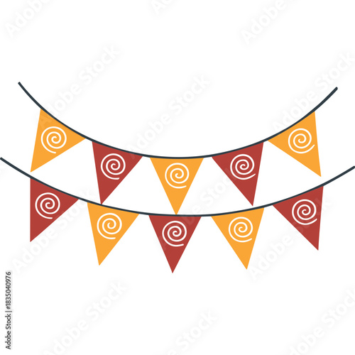 Orange and Burgundy Triangle Bunting Flags with White Swirl Decorations Hanging on a String Against a Black Background for Celebrations