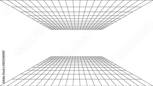 3D wireframe perspective grid room template design vector illustration background. Empty three dimensional virtual room perspective wireframe grid geometric sketch. Cyber virtual line interior frame.