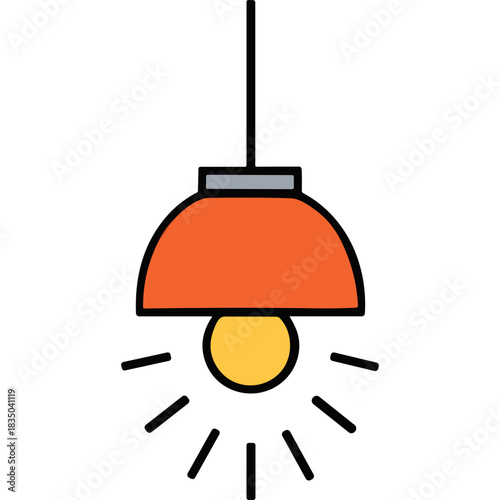 Orange Pendant Light Fixture With Yellow Bulb Emitting Rays On A Black Background