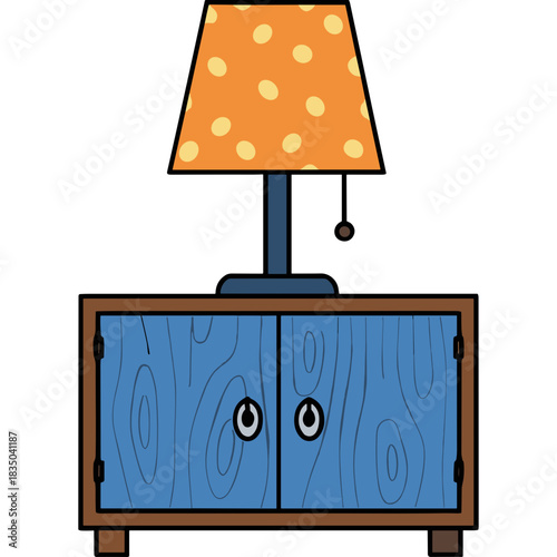 Orange Polka Dot Lampshade On A Blue Wooden Cabinet With Double Doors And Two Round Handles