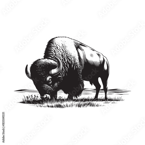 Engraving style american bison grazing in grass