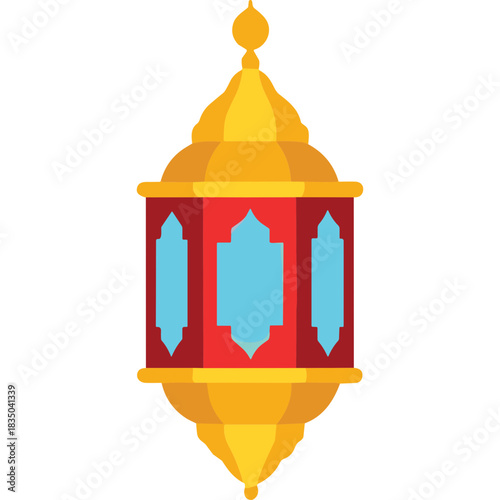 Ornate Islamic Lantern with Red and Golden Hues Featuring Intricate Geometric Patterns and Blue Glass Panels Isolated on a Black Background