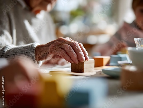Elderly hands arranging wooden blocks during a cognitive activity, symbolizing dementia therapy, motor training, and memory stimulation