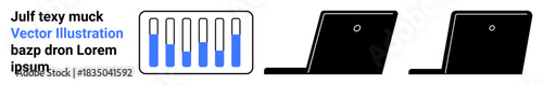Two laptops facing outward, adjacent to a vertical bar chart with blue-filled progress bars. Ideal for data management, digital analytics, teamwork, minimal design, productivity tools, education