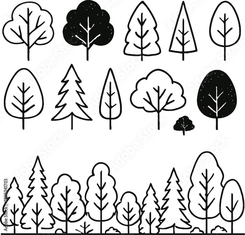 Simple tree silhouettes. Hand drawn style forest tree and woodland nature tree. Wood plant, botanical tree, isolated on a transparent background.