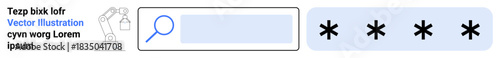 Cybersecurity, data security, password protection, online authentication, safety, and digital search tools. Robotic arm, search bar with magnifying glass, and password field with asterisks