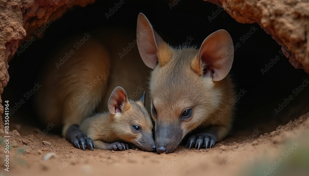 Obraz premium Aardvark mother and baby rest together in their underground burrow. The adult aardvark protects its young. This animal family enjoys a moment of peace and security in nature.