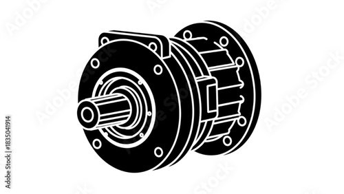 Technical drawing of mechanical gearbox component, detailed industrial illustration, isolated on white background, front view, engineering design concept