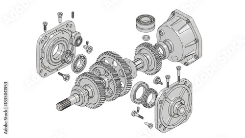 Exploded View of Mechanical Gear Assembly Showing Components and Internal Structure Technical Illustration