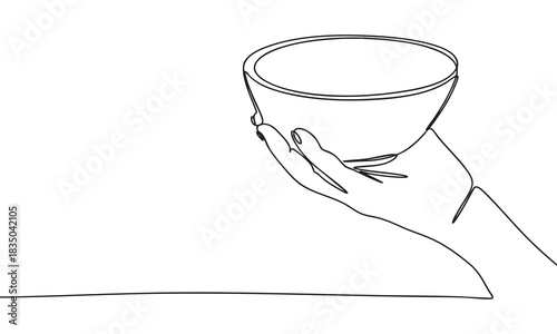Continuous line drawing of a hand holding a bowl