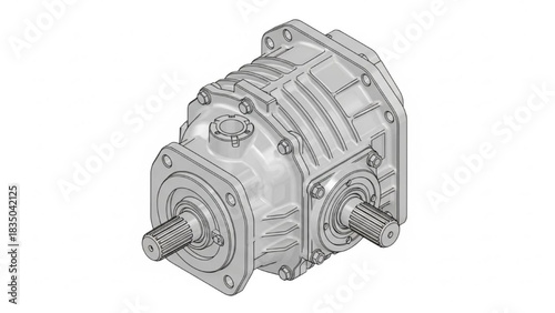 Detailed mechanical gearbox component with dual shafts, technical illustration showing engineering design and industrial machinery parts