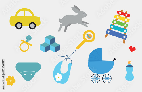 Bright and playful vector set featuring baby-related icons, including toys, stroller, rattle, pacifier, cubes, bunny, bottle, bib, diaper, car and decorative elements