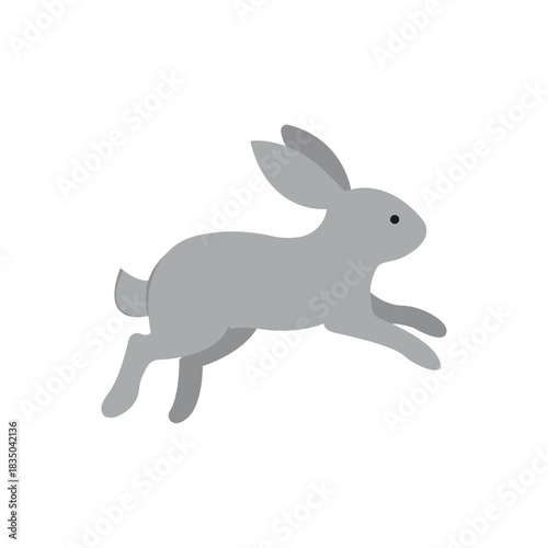 A simple, flat design vector illustration of a gray rabbit in a dynamic jumping or running pose, isolated on a white background.