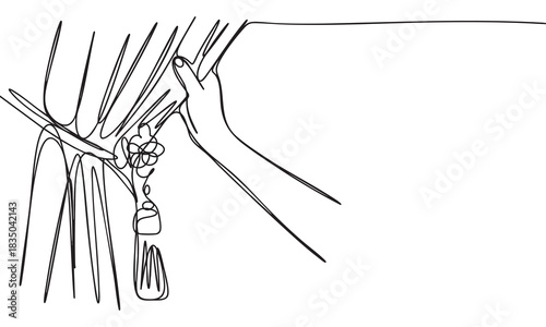 Line Art of Hand Adjusting a Curtain with a Decorative Tassel