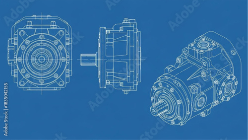 Technical Blueprint of Mechanical Gearbox Assembly, Engineering Illustration, Digital Drafting, Industrial Design, Technical Drawing View