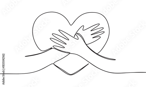 Heartfelt Connection Continuous Line Art of Hands Embracing a Heart