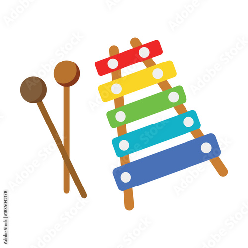 A vibrant, flat-design illustration of a children's musical instrument, specifically a xylophone, featuring rainbow-colored bars
