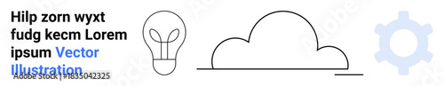 Technology, innovation, cloud computing, creativity, progress, solutions. Features a light bulb, cloud outline and gear symbol. Cloud computing and innovation symbolism for tech solutions