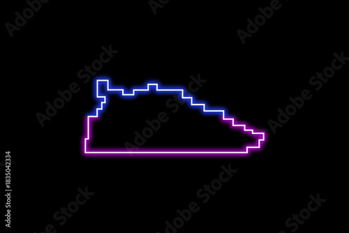 Glowing pink and blue neon line Fitness pixelated sneaker shoes for training, running icon isolated on black background. Crypto Punk Digital Sneaker. Sport shoes