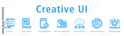 Banner representing UI creation from interface layout to app dev, software, cloud tools and API.
