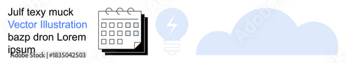 Business planning, innovation, cloud computing, scheduling, technology ideas, digital solutions. Calendar next to a bulb and cloud icon. Business planning and innovation concept