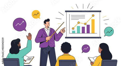 Business presentation illustration showing a male instructor pointing at a growth chart on a screen to an attentive audience in a classroom setting, isolated on