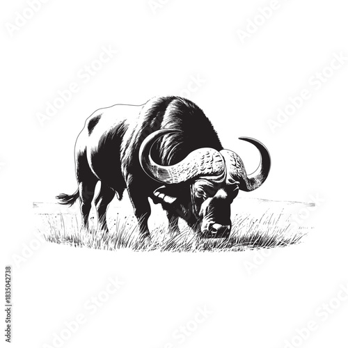 Black and white sketch of an african buffalo grazing in grass
