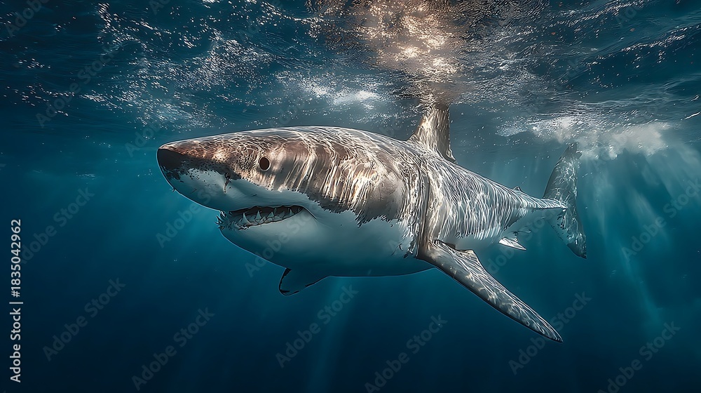 Naklejka premium Great white shark swimming water surface illustrator