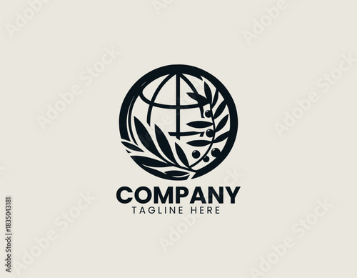 Elegant olive branch surrounds globe forming symbolic black vector logo illustration